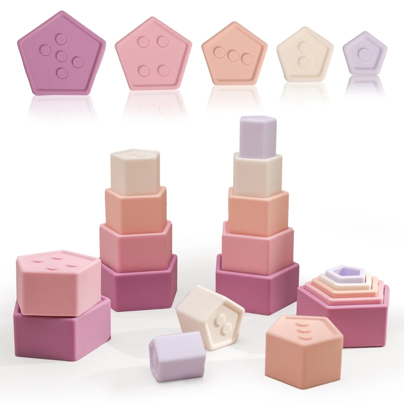 Montessori Silicone Building Blocks Toys for Child Stacking Octagon Triangle 3D Blocks Geometric Patterns Stack Toy for Baby