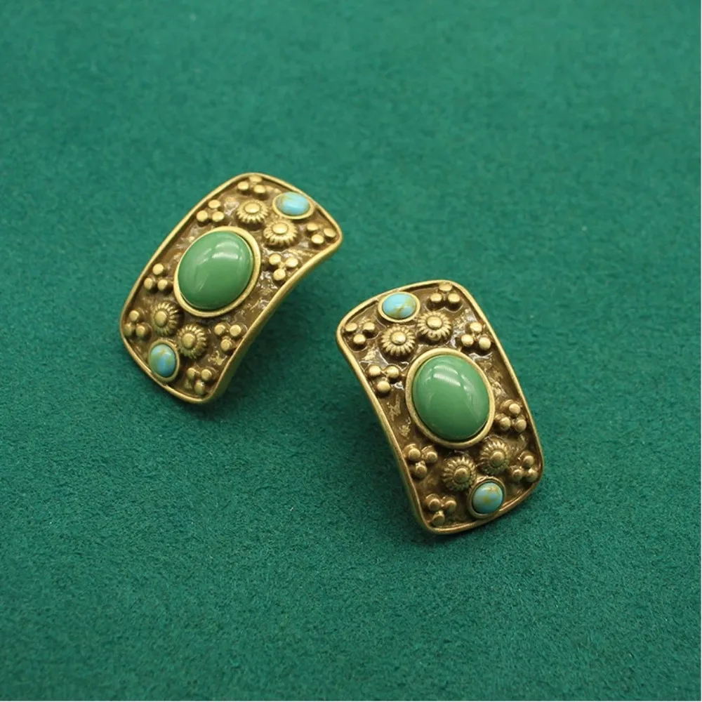 Distressed Vintage Faux Turquoise Diamond Earrings | Double-Sided Engraved | Niche Premium Design Studs M797