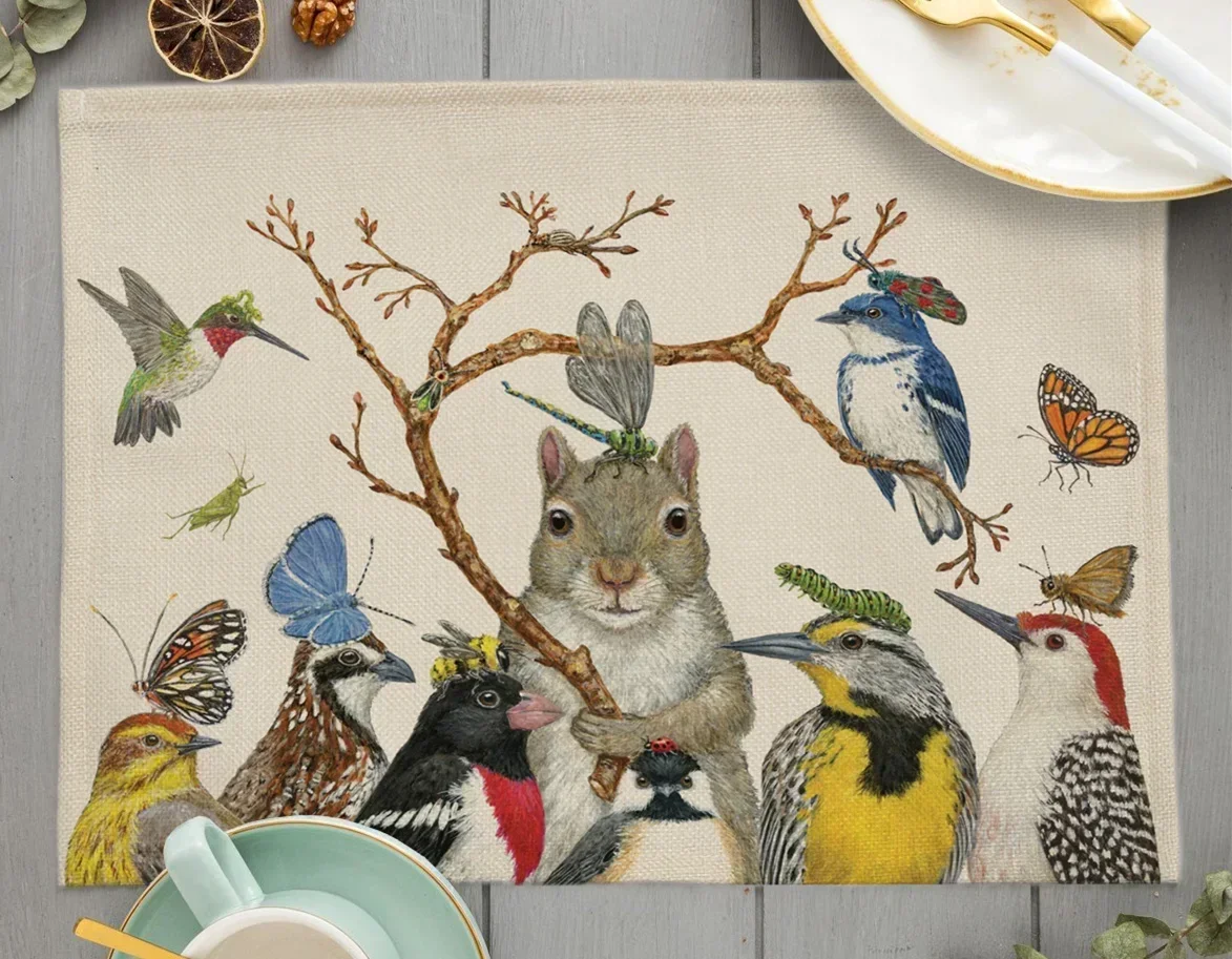 Cute Animal Placemat Bird Owl Linen Dining Table Mats Bunny Squirrel Coaster Pad Bowl Coffee Cup Mat Tablecloth 45x32CM 4PCS