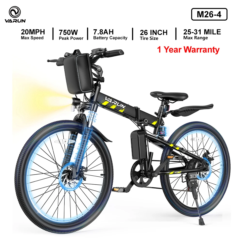 

Varun M26-4 Adult Electric Bike, 750W Peak Power, 48V 7.8Ah Battery, 26“ Tire Mountain Ebike, 20MPH, UL 2849, 1 Year Warranty