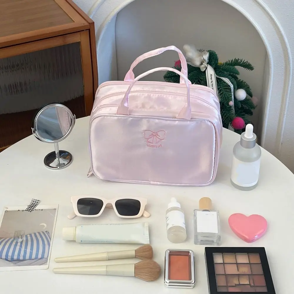 Портативная косметичка с бантом большой емкости, розовая тканевая сумка для туалетных принадлежностей, трехслойная многофункциональная дорожная сумка для путешествий