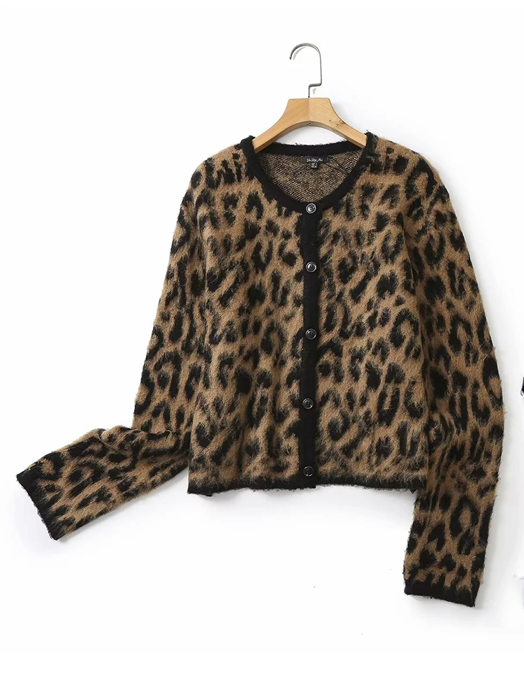 Korean Retro Women Loose Casual Leopard Print Knitted Sweater Fashion Round Neck Long Sleeved Cardigan Women's Short Jacket