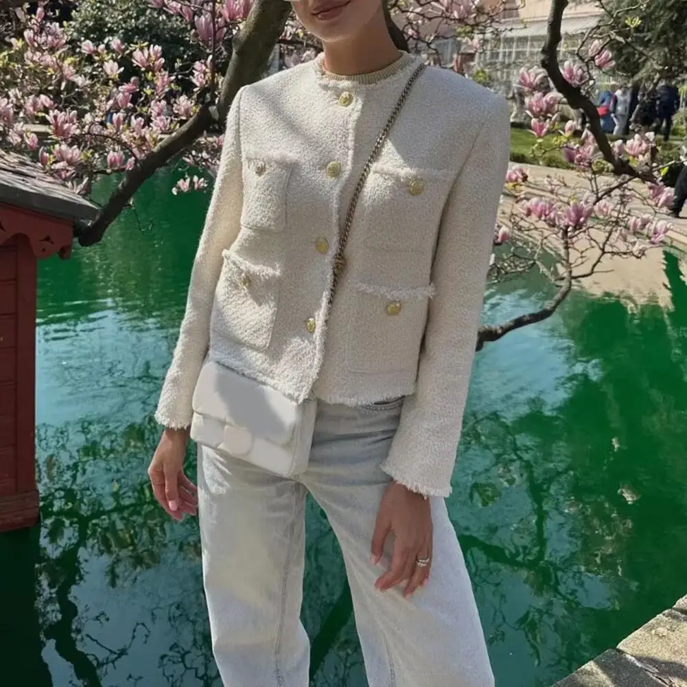 Women Cropped Tweed Blazer Jackets Long Sleeve Button Down Short Coat With Pockets Casual Spring Fall Business Female Work Suit