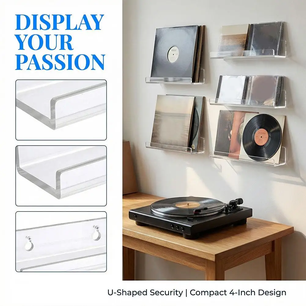 4inch Acrylic Record Display Stand Shelf Clear Wall Mounted Vinyl Record Holder Floating Shelves Record Album Storage Rack