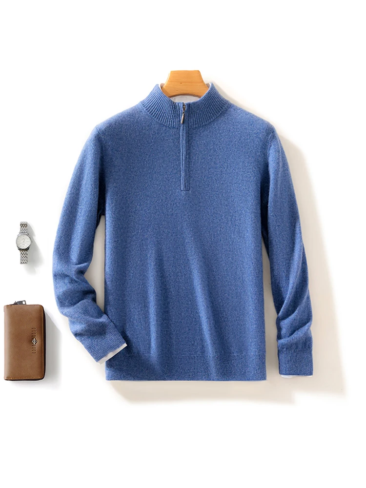 New Spring Autumn Men Zipper Wool Pullover Mock Neck Cashmere Sweater 100% Merino Wool Knitted Soft Warm Knitwear Casual Tops