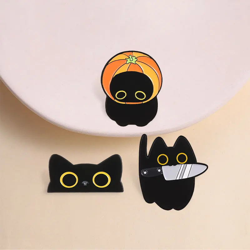 Spooky Big Eyes Black Cat Enamel Badge Halloween Pumpkin Knife Cat Cartoon Animal Pin Lapel Bags Hat Decor Brooches Jewelry Gift