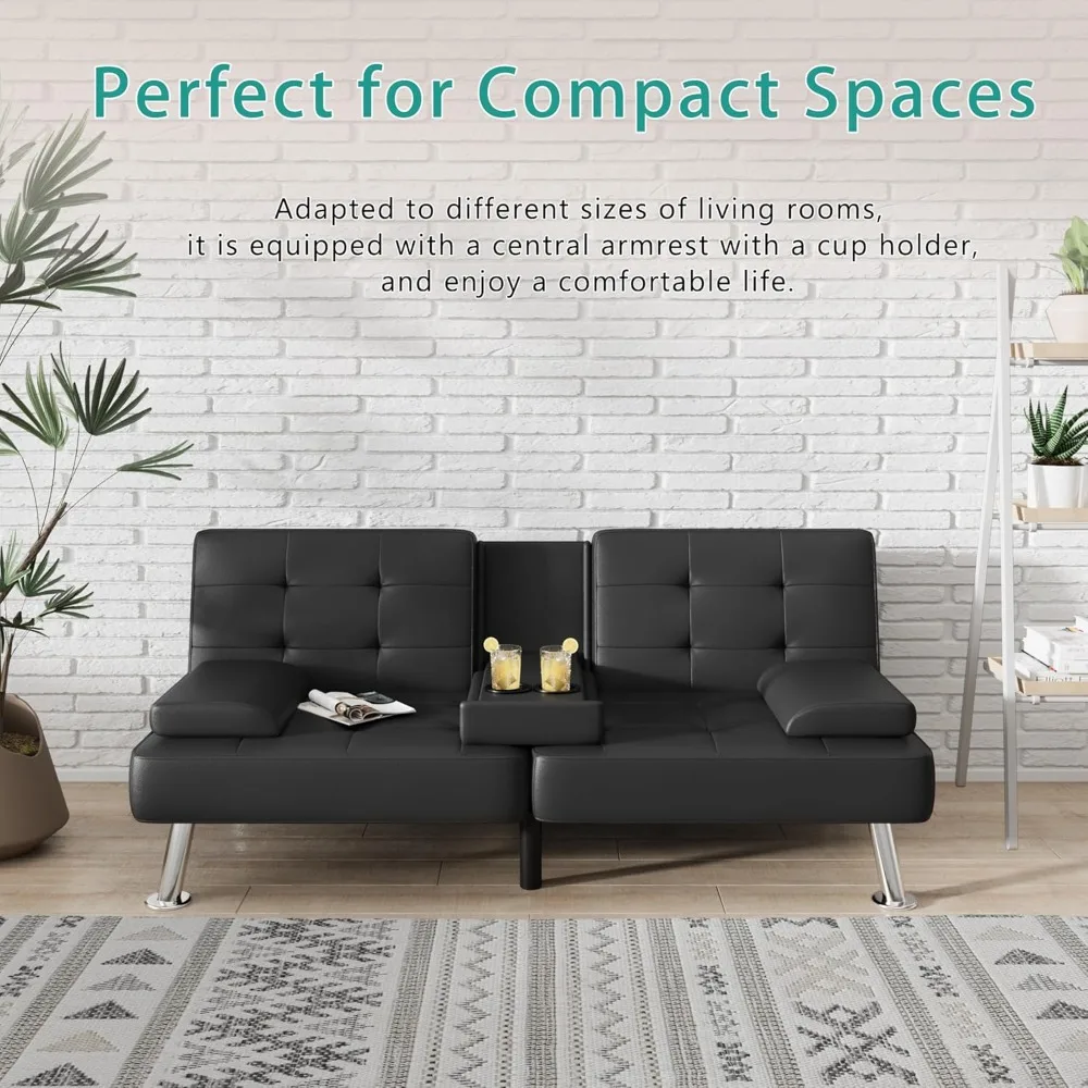 Sofá-cama futon dobrável moderno, poltrona reclinável conversível com porta-copos, braços removíveis, couro PU preto