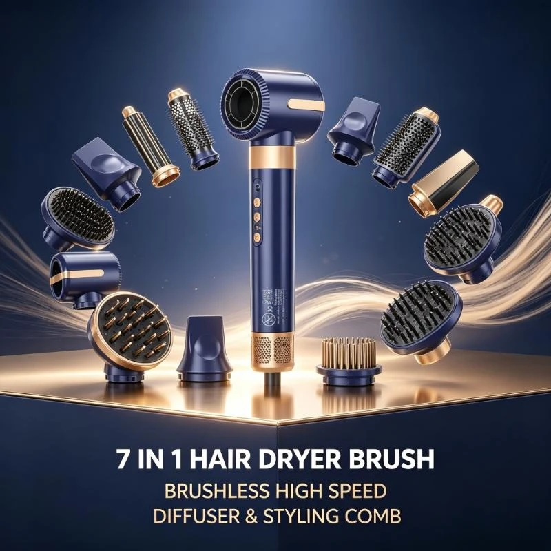 7 In 1 Hair Dryer Brush Brushless High Speed Hair Dryer with Diffuser Ionic Blow Dryer Hot Air Styling Comb Auto Hair Curler