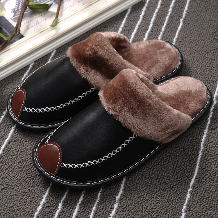 Chinelos impermeáveis de couro PU para homens e mulheres, chinelo interior quente, sapatos de casa, preto, novo, inverno