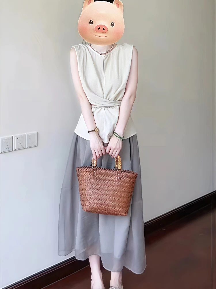

New Korean Fashion Summer Two Piece Set Women Design Sense Sleeveless Slim Vest Top + A-line Skirt Elegant Casual Outfit