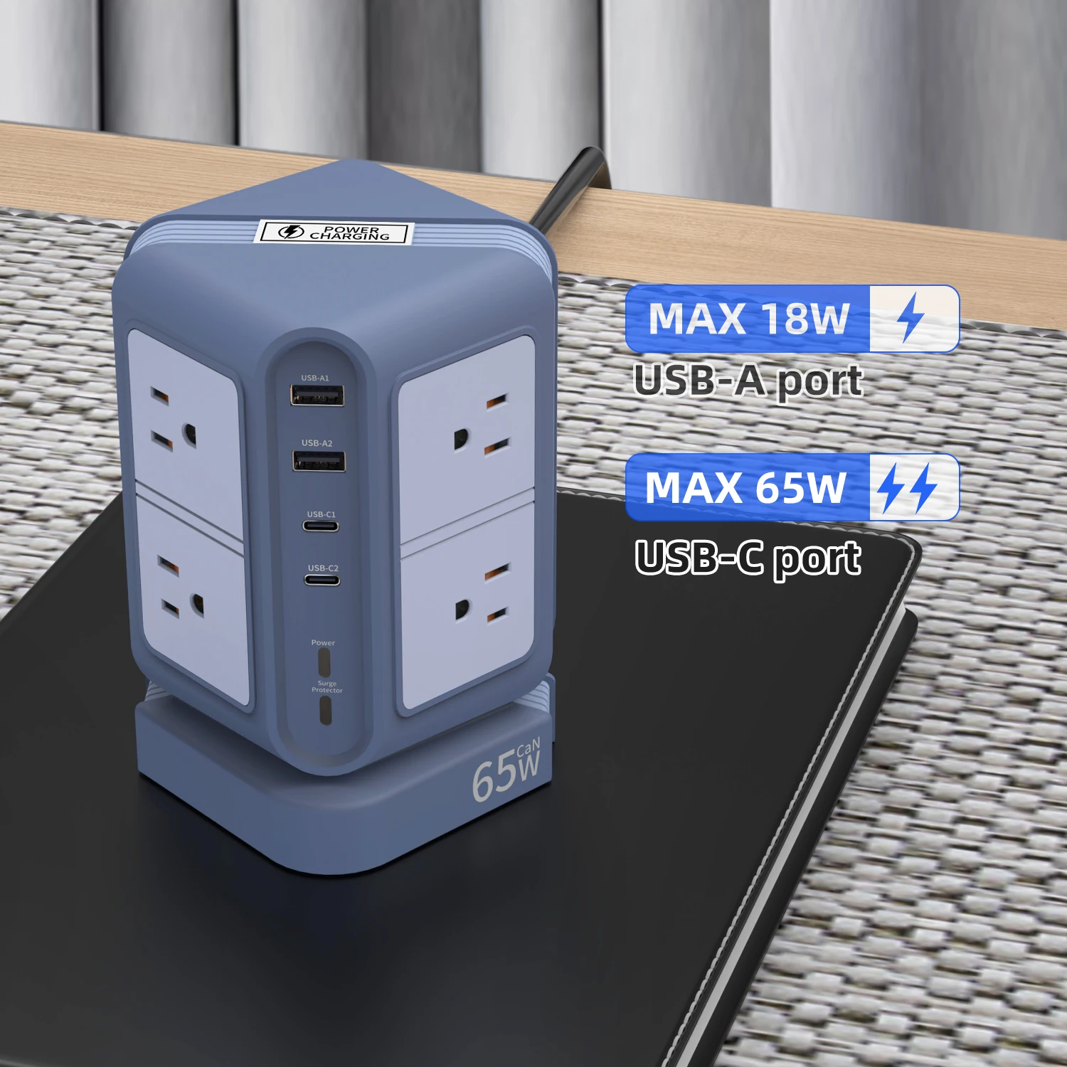 65W Surge Protector    Strip Tower with 4 USB Ports 12Way US Smart      Station  for Home, Office view 2