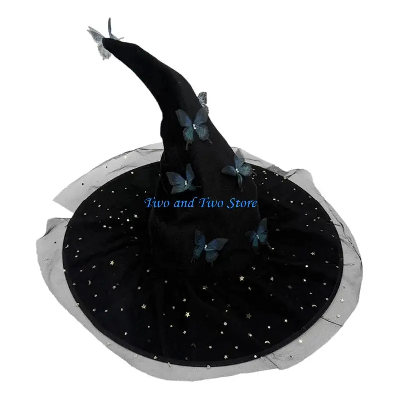 HX6F قبعة الساحرة للهالوين تصميم قرن مطوي مع فراشة مطرزة للبالغين زي أسود أرجواني أزرق