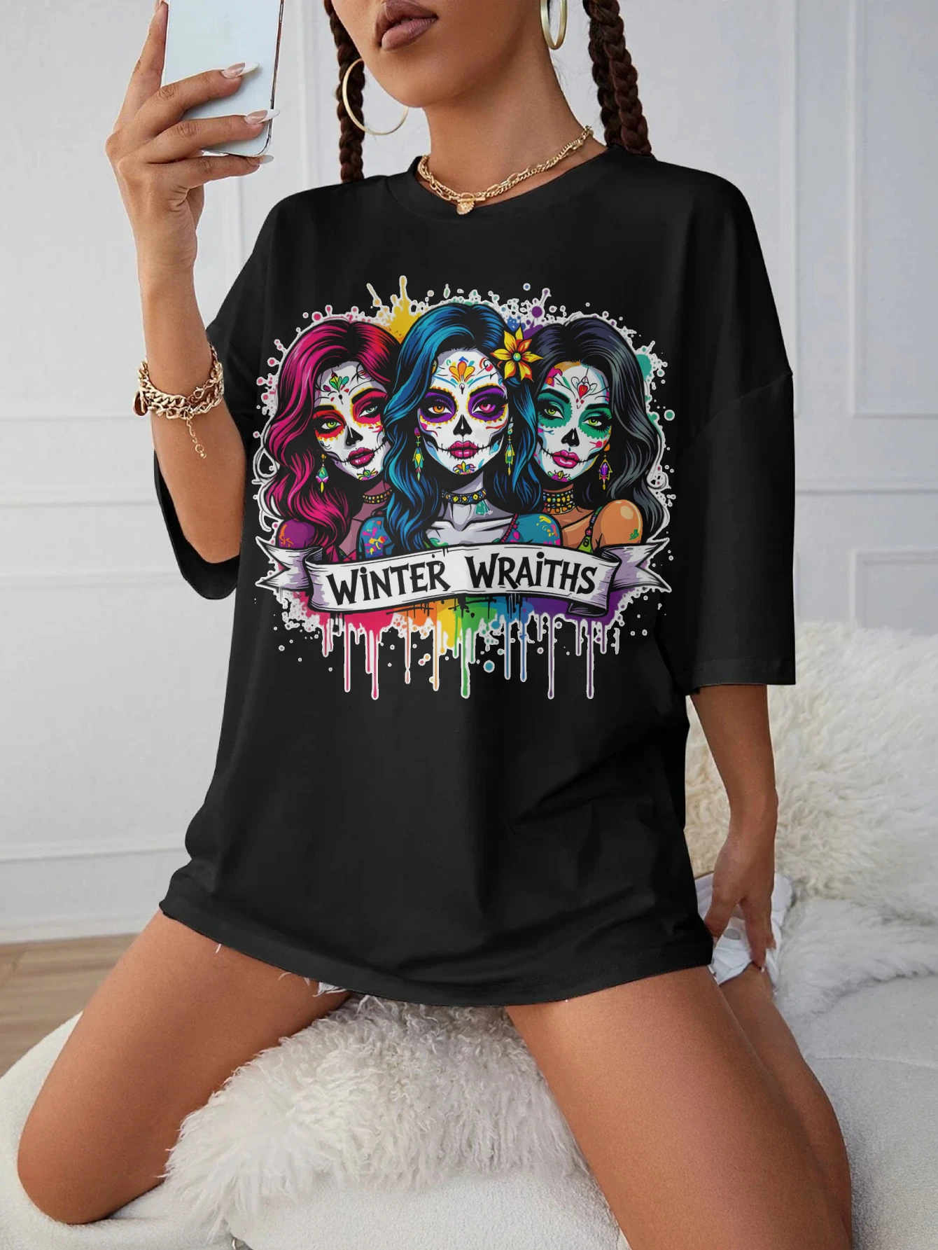 

Winter-Wraiths-Colorful-Sugar-Skull Women's Black Maternity T-Shirt Round Neck Summer Loose Fit Late Pregnancy Wear