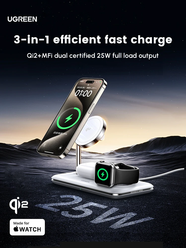 UGREEN Qi2 3 in 1 Wireless Charging Station Magnetic Wireless Charger for Apple Devices