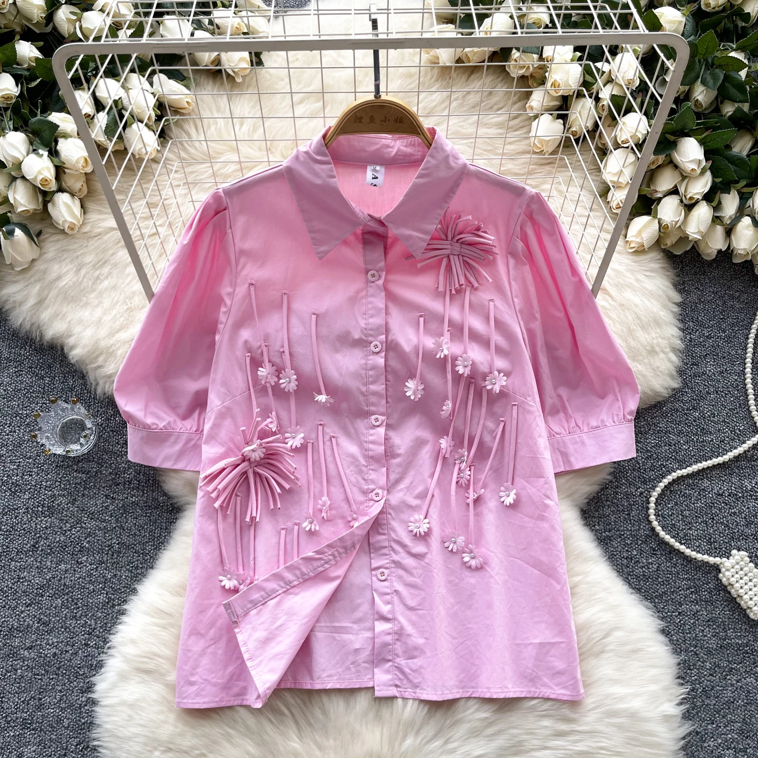 

Women Chic Three-dimensional flower puff sleeve Tank Top Slim Basic Sexy loose tassels Top Summer Women Blouse