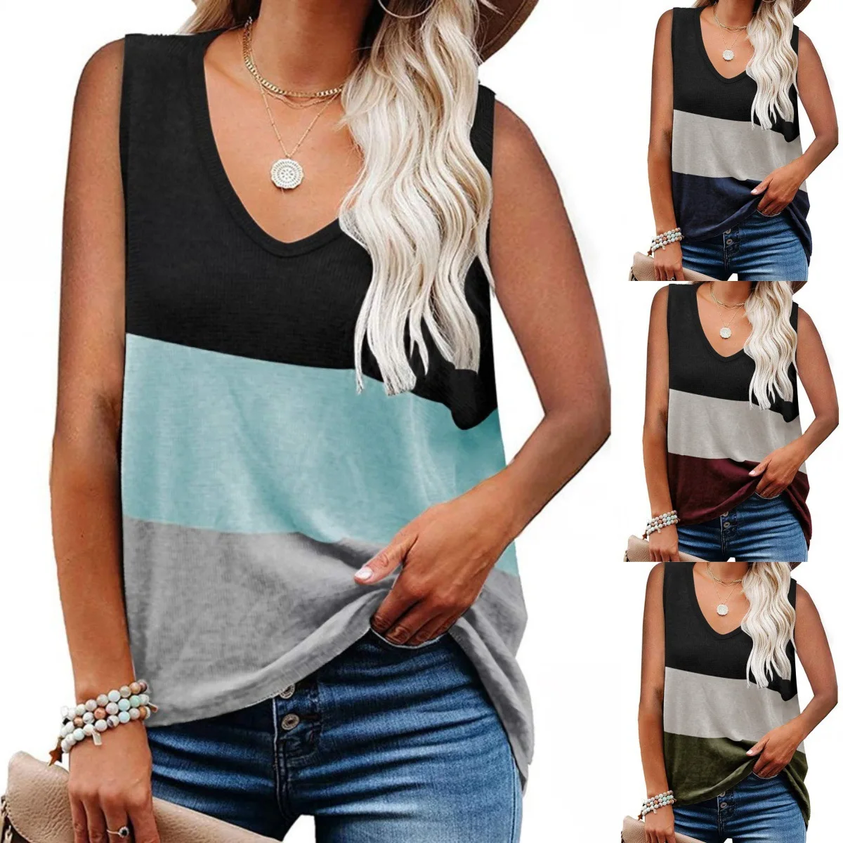 

New Women's T-shirt Sleeveless Striped Color-blocking Top Loose Street Fashion Vest for Female