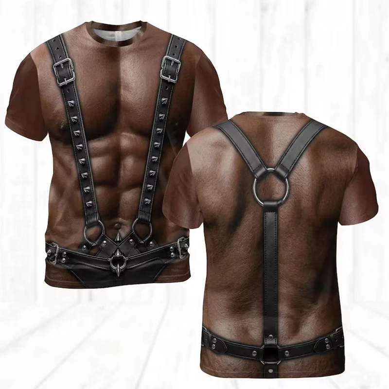 Unisex 3D Visual Illusion Fake Leather Vest Print T‑Shirt, Funny Prank Graphic Tee, Novelty Party Costume Tops for Men Women