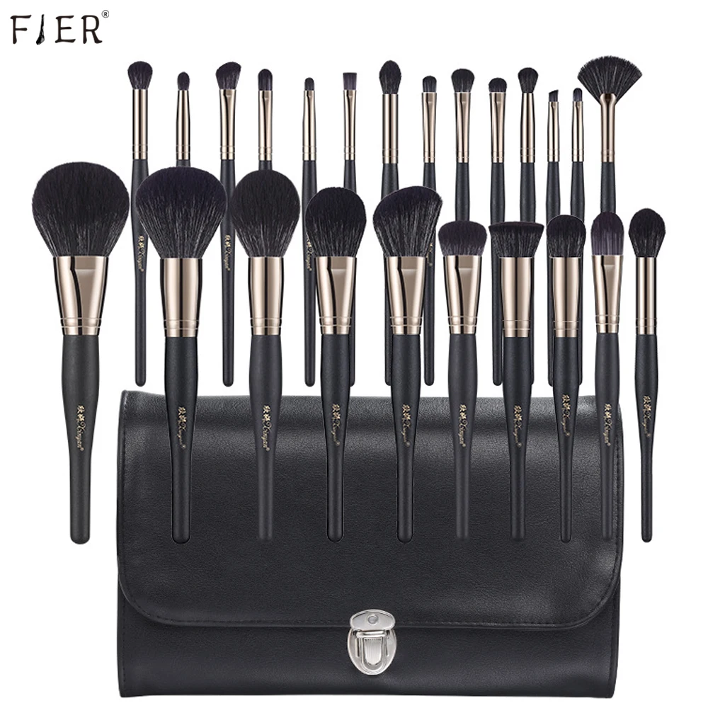 FJER Luxury Black Professional Makeup Brush Set Natural Hair Foundation Blending Blush Eyeliner Powder Brushes  Kit with bag