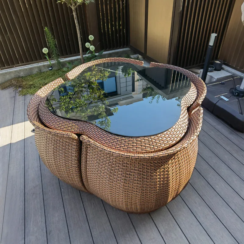Outdoor Rattan Table Chair Set Simple Modern Design Aluminum Alloy Frame Waterproof Sunscreen 4 Seater for Garden Hotel Homestay