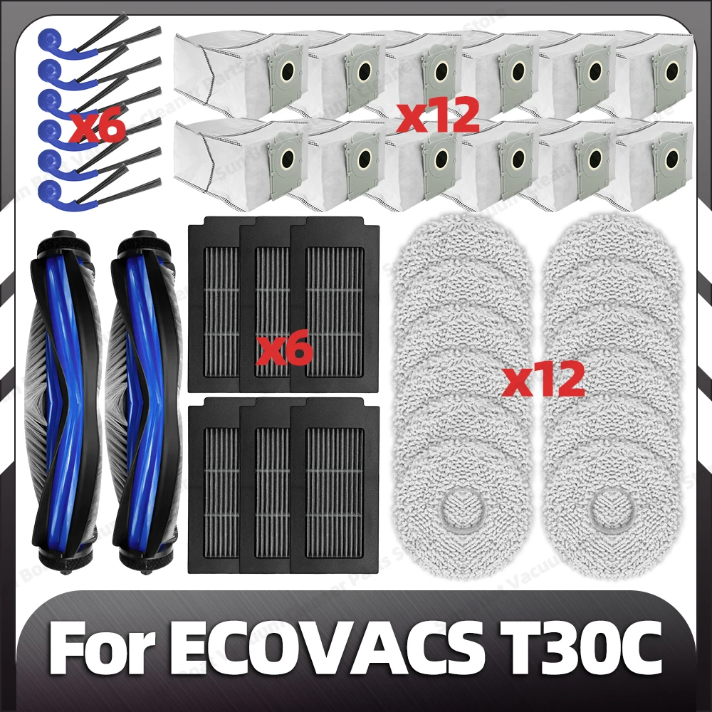 Compatible pour Ecovacs T30c, brosse latérale principale de remplacement, filtre HEPA, tampon de vadrouille, sac à poussière, pièces de rechange, accessoires