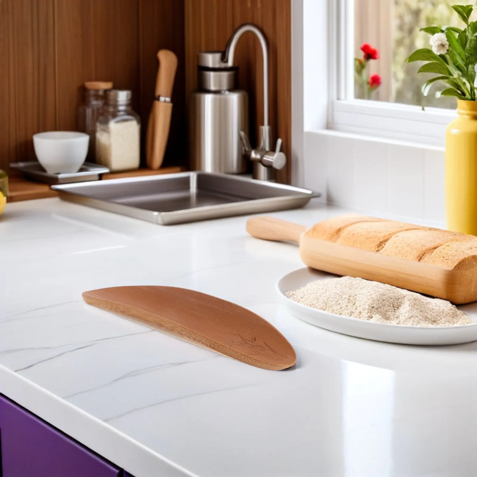 Bamboo Rolling Pin Holder Display Rack for Countertop Kitchen Utensil Storage Featuring Curved Groove Design Stable Wide Base