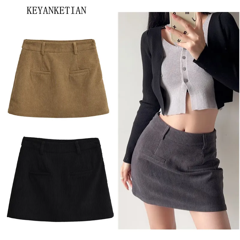 KEYANKETIAN 2024 New Launch Women's Corduroy mini skirt Spring American Retro Simply Side Zipper High-waisted A-line Skort