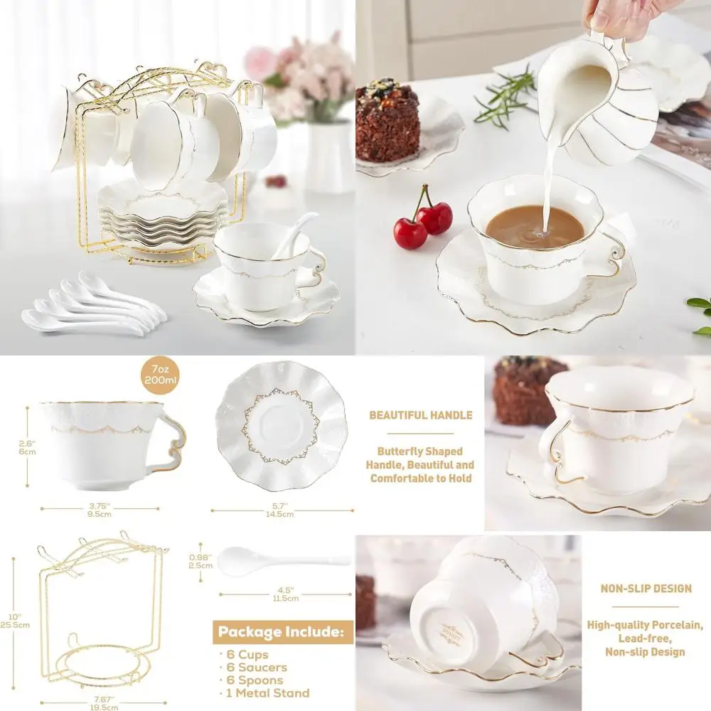 

Elegant 6-Piece Tea Set with Gold Trim, 7 oz Cups, Royal Porcelain with Stand, British Style White Tea Party Collection