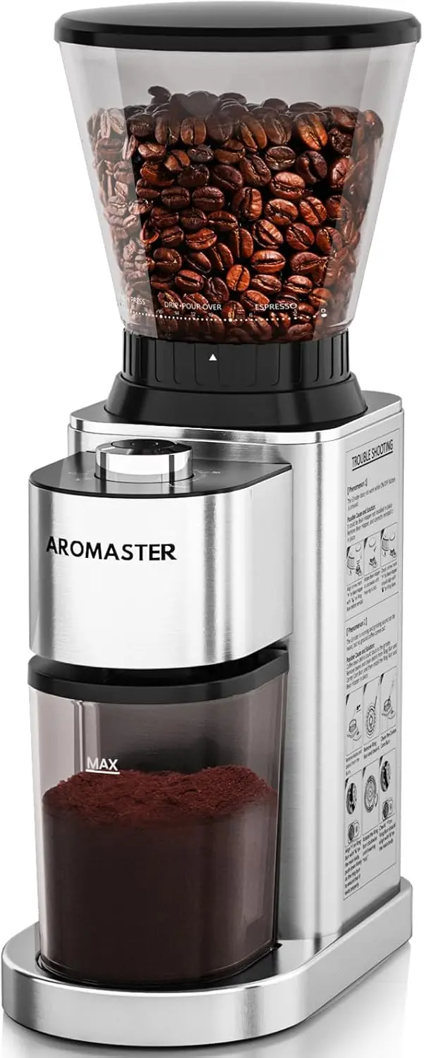 

Conical Burr Coffee Grinder with 48 Settings, Stainless Steel, Adjustable Timer, Anti-static, Easy to Clean