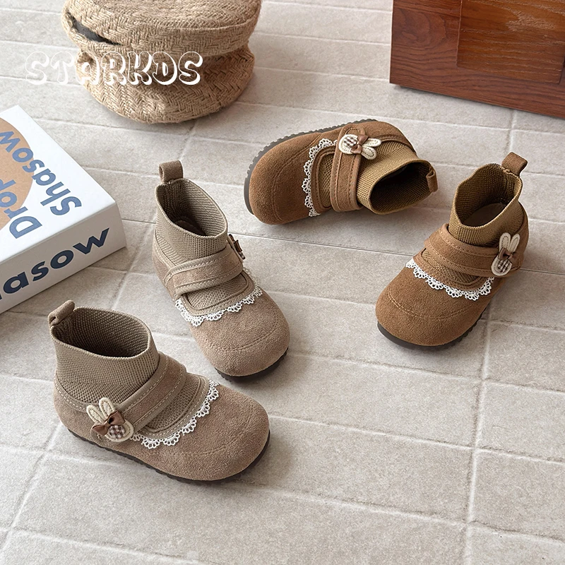 

Балетки на плоской подошве с нашивкой в виде кролика, теплые плюшевые мягкие вязаные ботильоны для маленьких девочек, милые кружевные модельные туфли с оборками