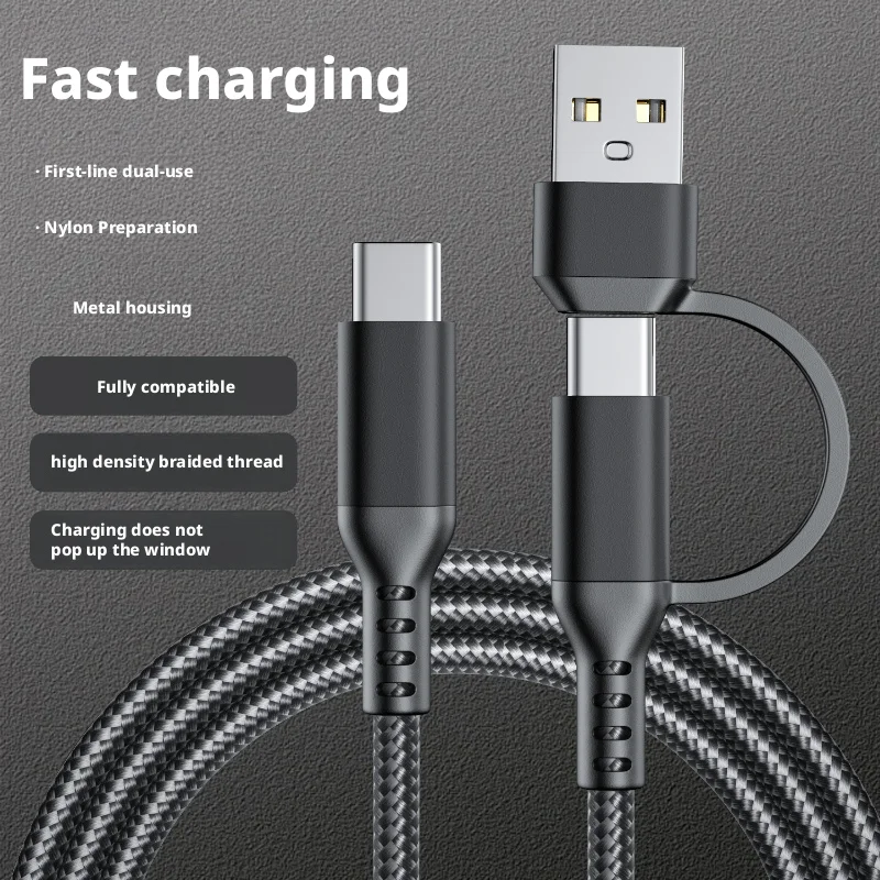 60 Вт мобильный телефон USB-C/Type-C 2-в-1 интерфейс для быстрой зарядки плетеный кабель для передачи данных, подходит для iphone Android и Huawei, Honor