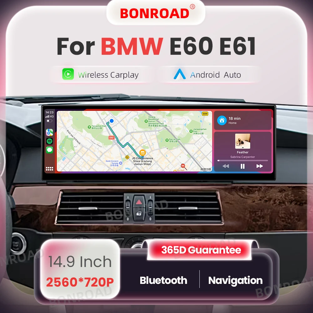 BONROAD 14.9Inch Auto Multimedia Draadloze Carplay Android Autoradio GPS Voor BMW 5 Serie E60 E61 E62 Met 2560*720 P Touchscreen - afbeelding 2