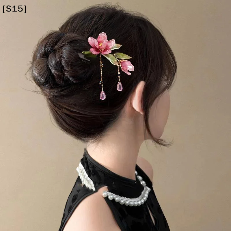 〔S15〕Floral Hair Stick Chinese Style Retro Hanfu Pink Flower Tassel For Women Party[S15]