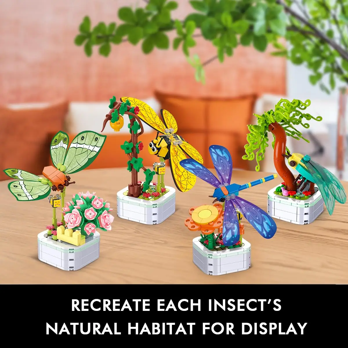 Conjunto de construcción de colección de flores de insectos, 4 estilos, 830 piezas, mariposa, Libélula, planta, modelo de exhibición, decoración del hogar, regalos para adultos y niñas