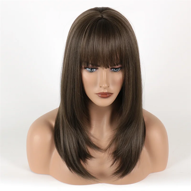 Midum Long Wedding Wig Sythetic Straigt Hair Neat Bangs  Cosplay for Girl