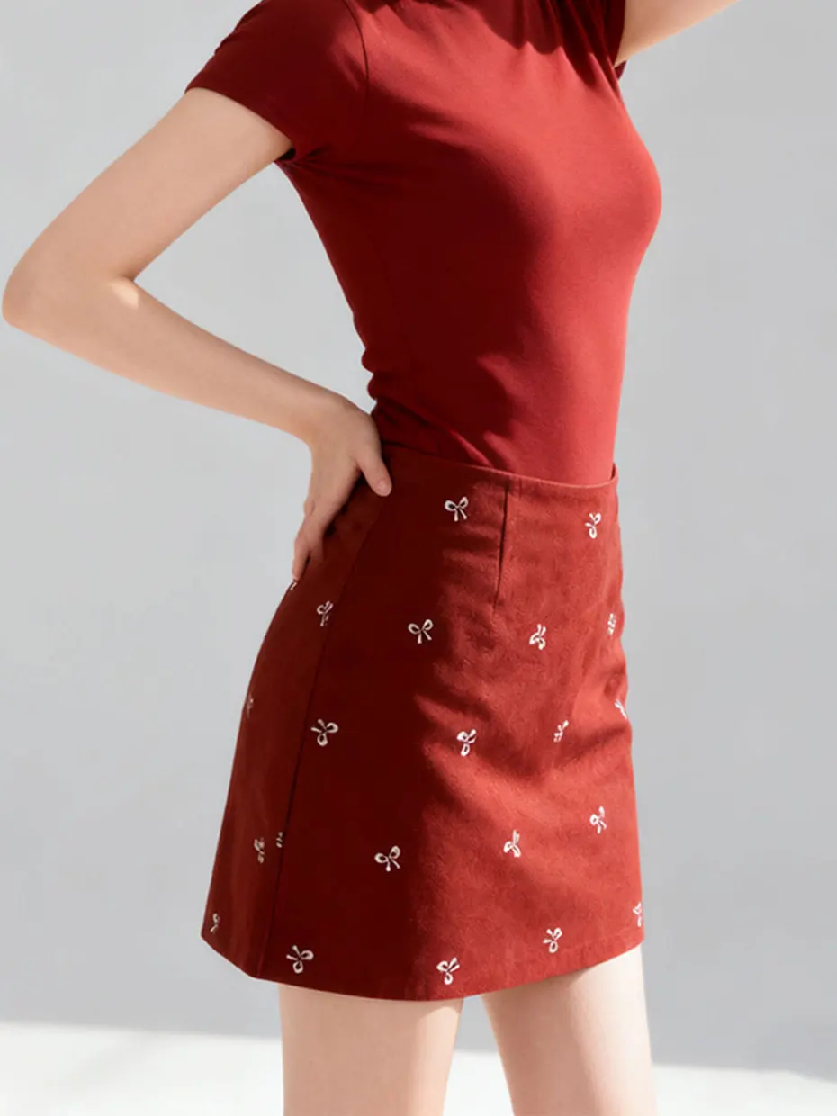 Red Embroidered New Year Checkered Woolen  Skirt High Waist A-Line Winter Short Skirt Women's Fashion City Commute Skirt