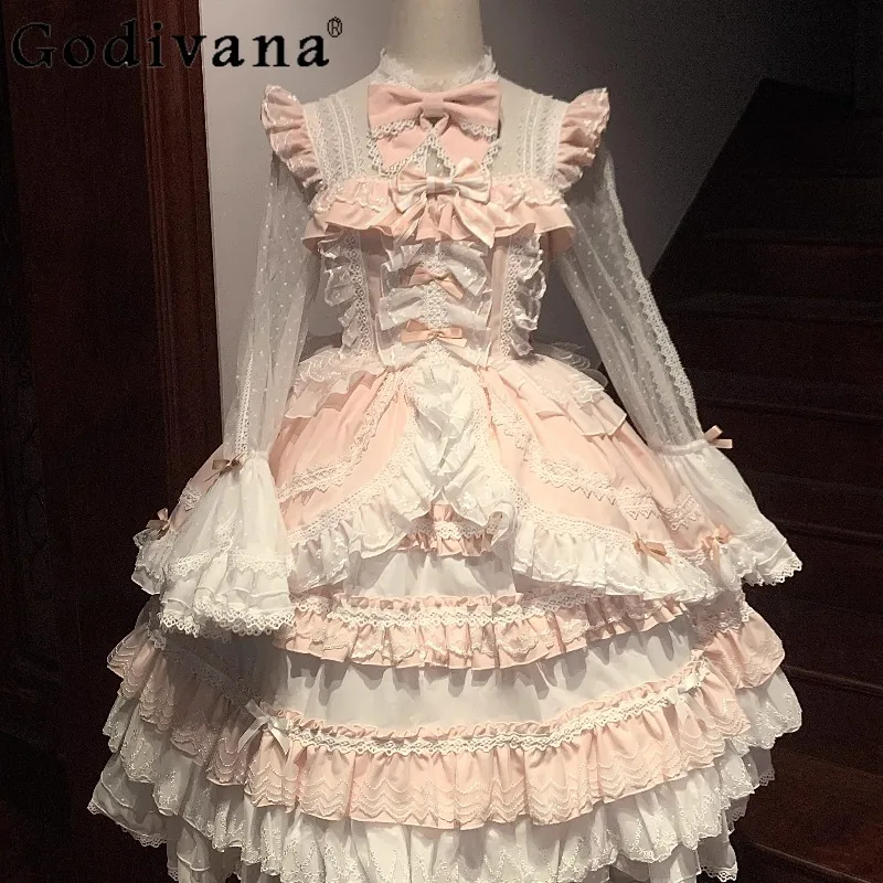 

Vintage Lolita OP Style Dress for Women Japanese Cute Lace Full Dress Set with Hairband Female Princess Sweet Party Dress