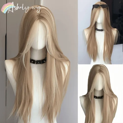 Imagen 2 del producto Peluca rubia para mujer, peluca larga recta rubia marrón, peluca sintética con encaje frontal asiático americano para uso diario, Cosplay, Peluca ombré