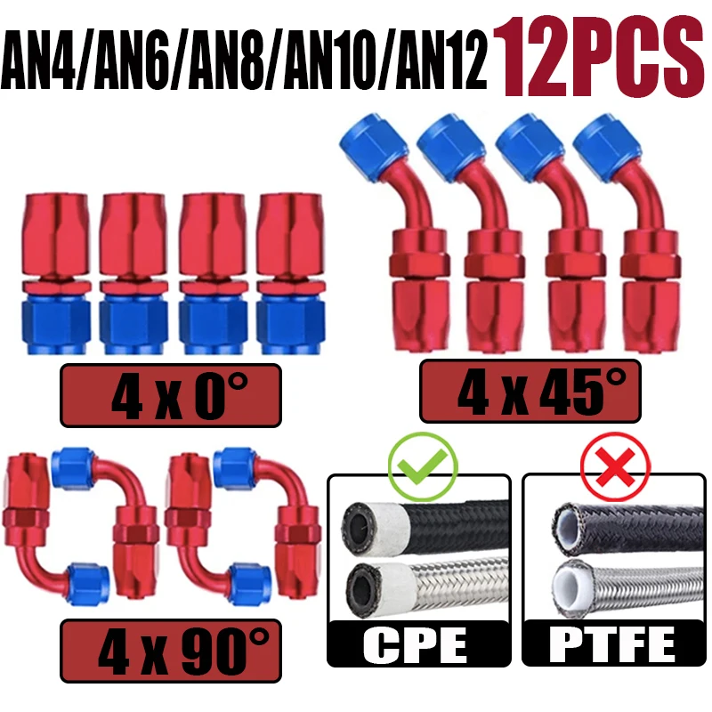 12Pcs/Set 4AN 6AN 8AN 10AN 12AN 4x0° 4x45° 4x90° Degree Swivel Hose End Fittings Adapter For CPE Oil Fuel Line Pipe NPT Plug