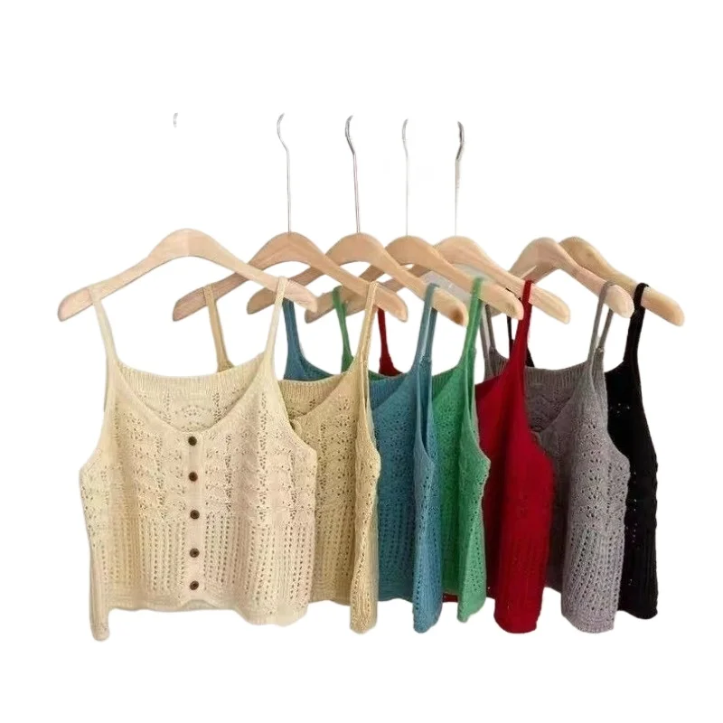 A New Loose Layering Wavy Vest Top for Women in The Early Autumn with  Solid Color Checkered Openwork Cardigan and Halter Top