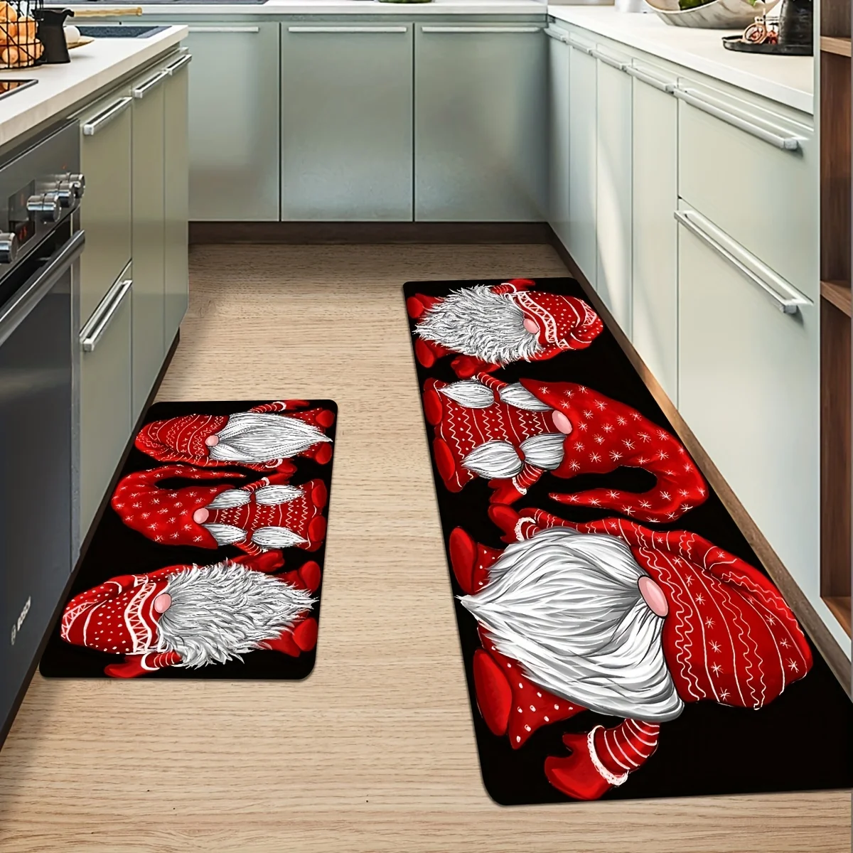 VIKAMA Christmas Kitchen Rugs 2‑Pack Non‑Slip Washable Floor Mats Xmas Gnome Print Indoor Holiday Kitchen Runner Mat Home Decor