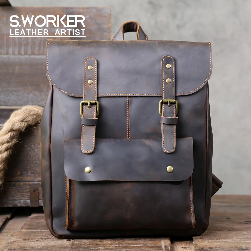S.WORKER Vintage Echtleder Herrenrucksack Handgefertigte Top-Grain-Leder Laptop-Umhängetasche Crazy Horse Tasche Mode für Männer – Detail 2