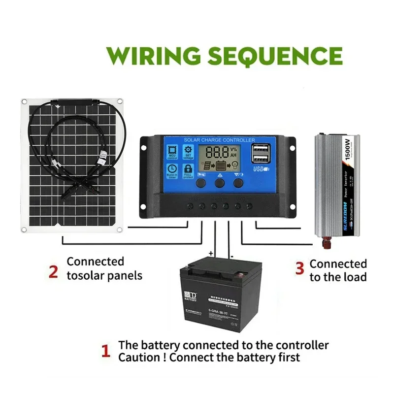 1500W 12V to 110V/220V Solar Power System 300W Solar Panel 100A Charge Controller Complete Power Generation Kit Home Grid Camp