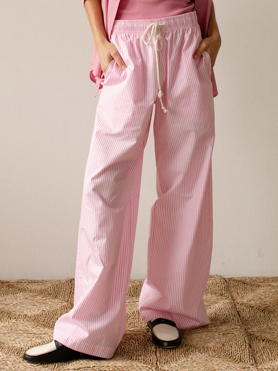 Hot Women\'S Casual Sports Striped Pants Elastic Waist Solid Color Loose Pants with Pockets For Street Clothing