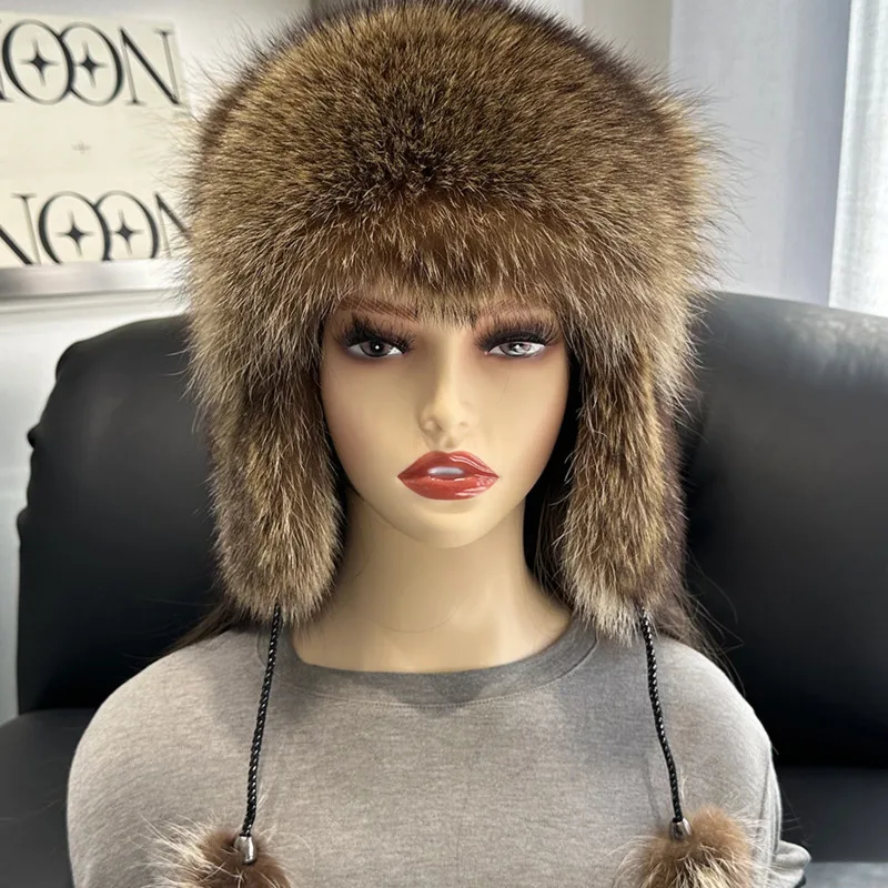 Unisex Fashion Genuine Raccoon Fur Hat With Pompoms Fluffy Winter Hat Windproof For Skating And Snow Outdoor Cold Weather Hat