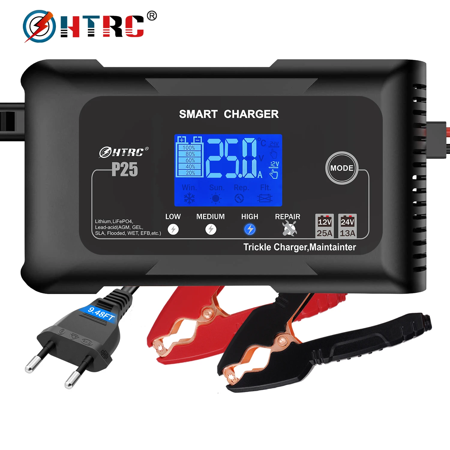 

HTRC 12V 25A 24V 13A Car Auto Battery Charger Automatic Power Puls Repair for Truck Motorcycle Lead Acid Lifepo4 AGM GEL Lithium