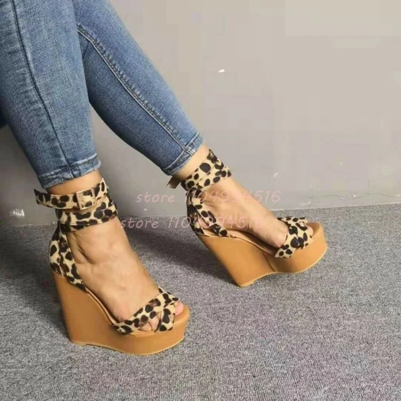 

Leopard Mental Buckle Platform Wedges Sandals Women Ankle Strap Cover Heel Open Toe Pumps Lady Sexy Fashion Party Dance Shoes
