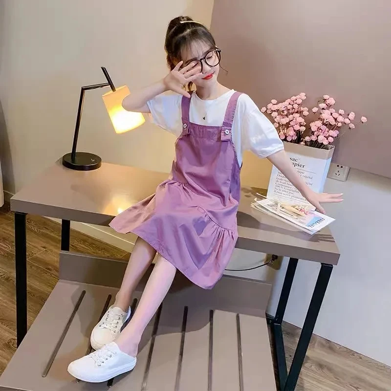 

New Kids Strap Skirt 2-piece Girls Fashion Casual Summer Skirt Middle Large Child Solid Color Korean Student Mid-length Skirt