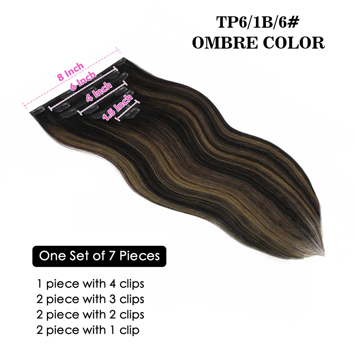 Clips in Hair Extensions Real Human Hair Ombre Black&Brown 7Pcs Straight Remy Hair Extensions for Adding Hair Length&Volume