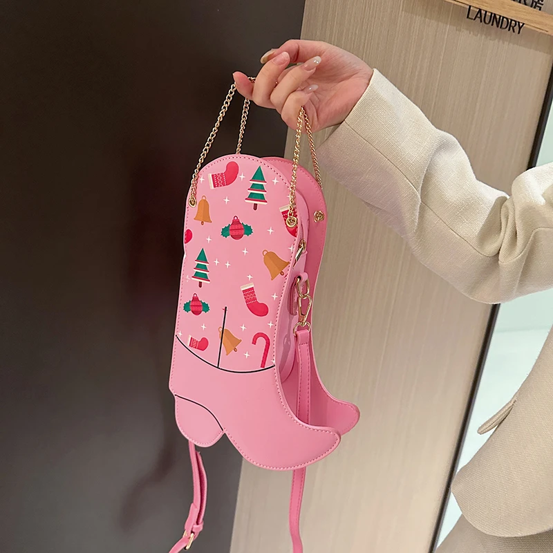 Bolso con botas divertidas para mujer, diseño de multitud navideña, bandolera con cadena a la moda, bolso con personalidad divertida para niños