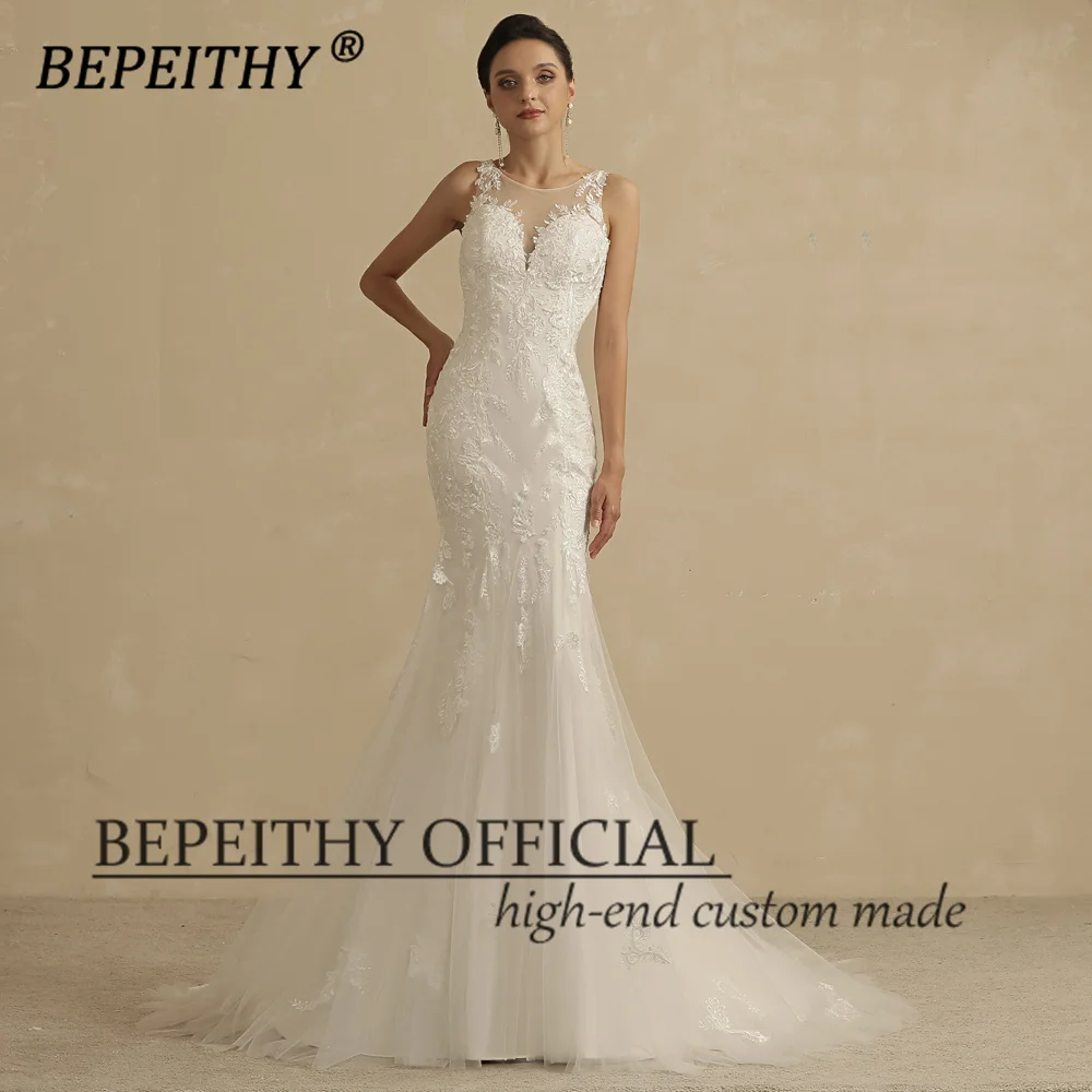 Bepeithy marfim sereia vestidos de casamento sem mangas para as mulheres noiva laço branco colher boho nupcial vestido de festa de gala novo